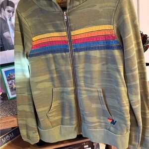 Aviator Nation Green Camo hoodie with Rainbow Accents